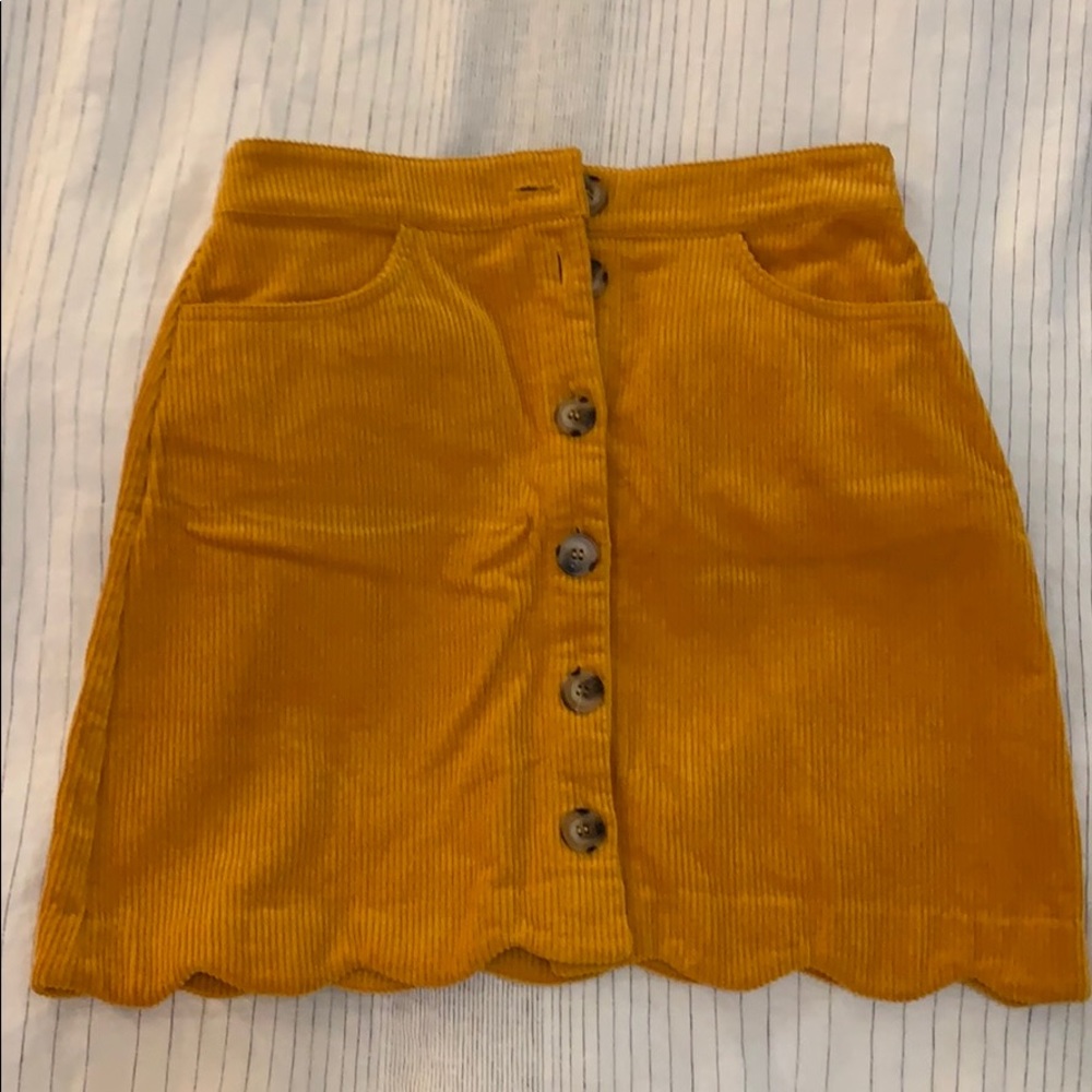 Scalloped mustard corduroy button up skirt
